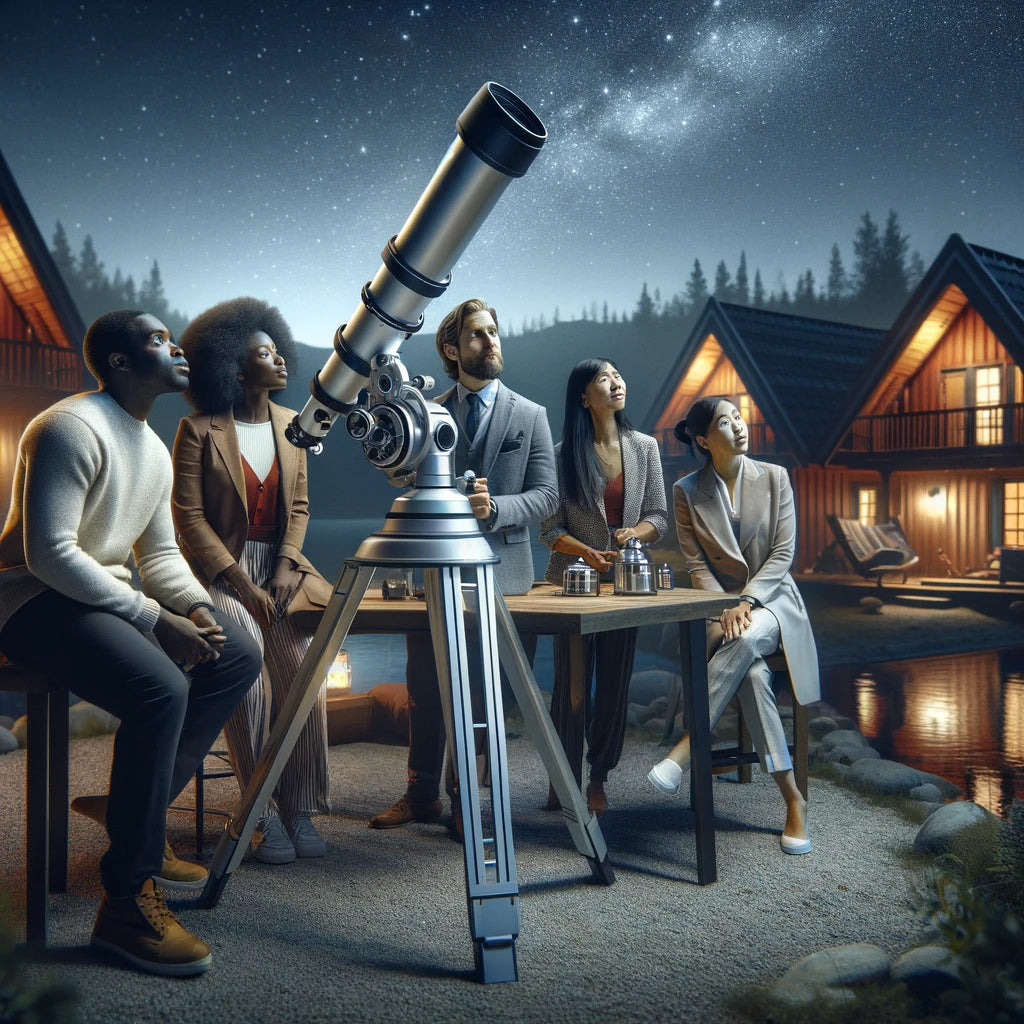  A diverse group of individuals in stylish attire engaged in stargazing through a large telescope on a wooden deck, with illuminated cabin-style houses in the background and a starry night sky above.