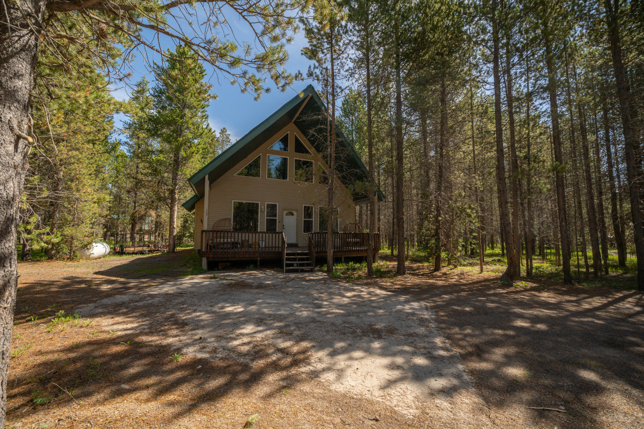  A charming A-frame cabin with a large front deck nestled in a dense pine forest under a clear blue sky, with shadows of the trees dappled across a natural clearing.