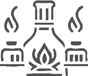  A line art icon depicting a camp stove with a flame, flanked by two fuel canisters, and steam or smoke rising, symbolizing outdoor cooking or camping activities.