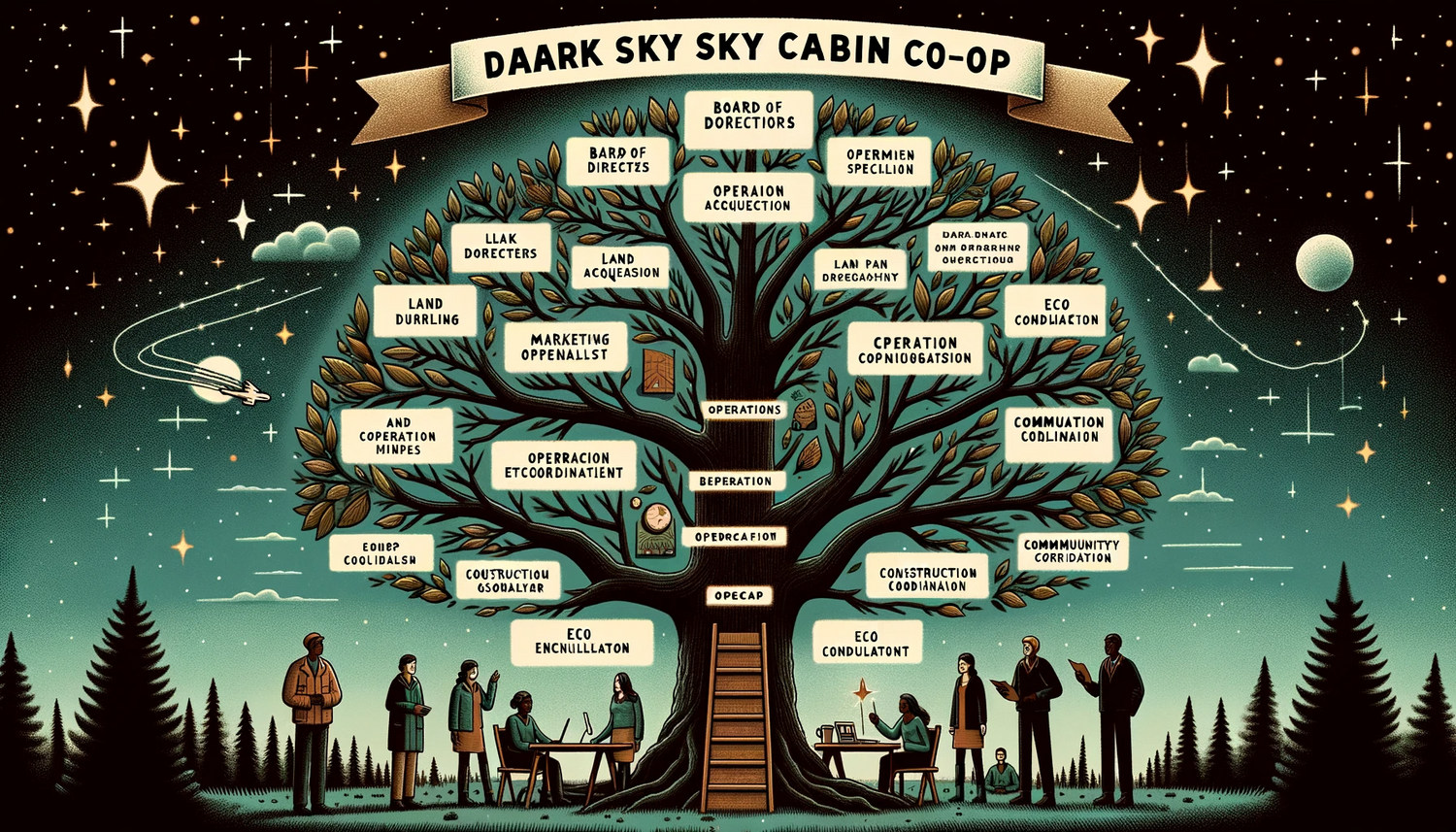 Illustration depicting a stylized organizational tree for 'DAARK SKY CABIN CO-OP,' with branches representing different departments such as board of directors and operations, set against a starry night sky with a shooting star, moon, and forest silhouette.