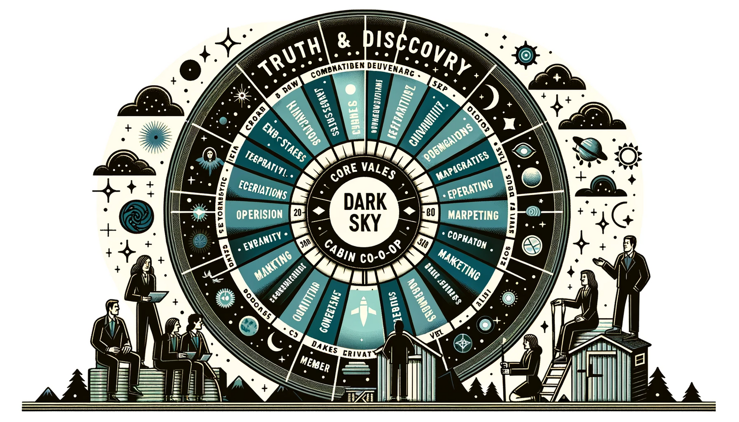  A stylized circular chart representing the 'DARK SKY CABIN CO-OP,' featuring sections for core values, operational roles, and other aspects of the organization, all adorned with celestial bodies and figures seated and standing on steps and platforms, set against a night sky theme.