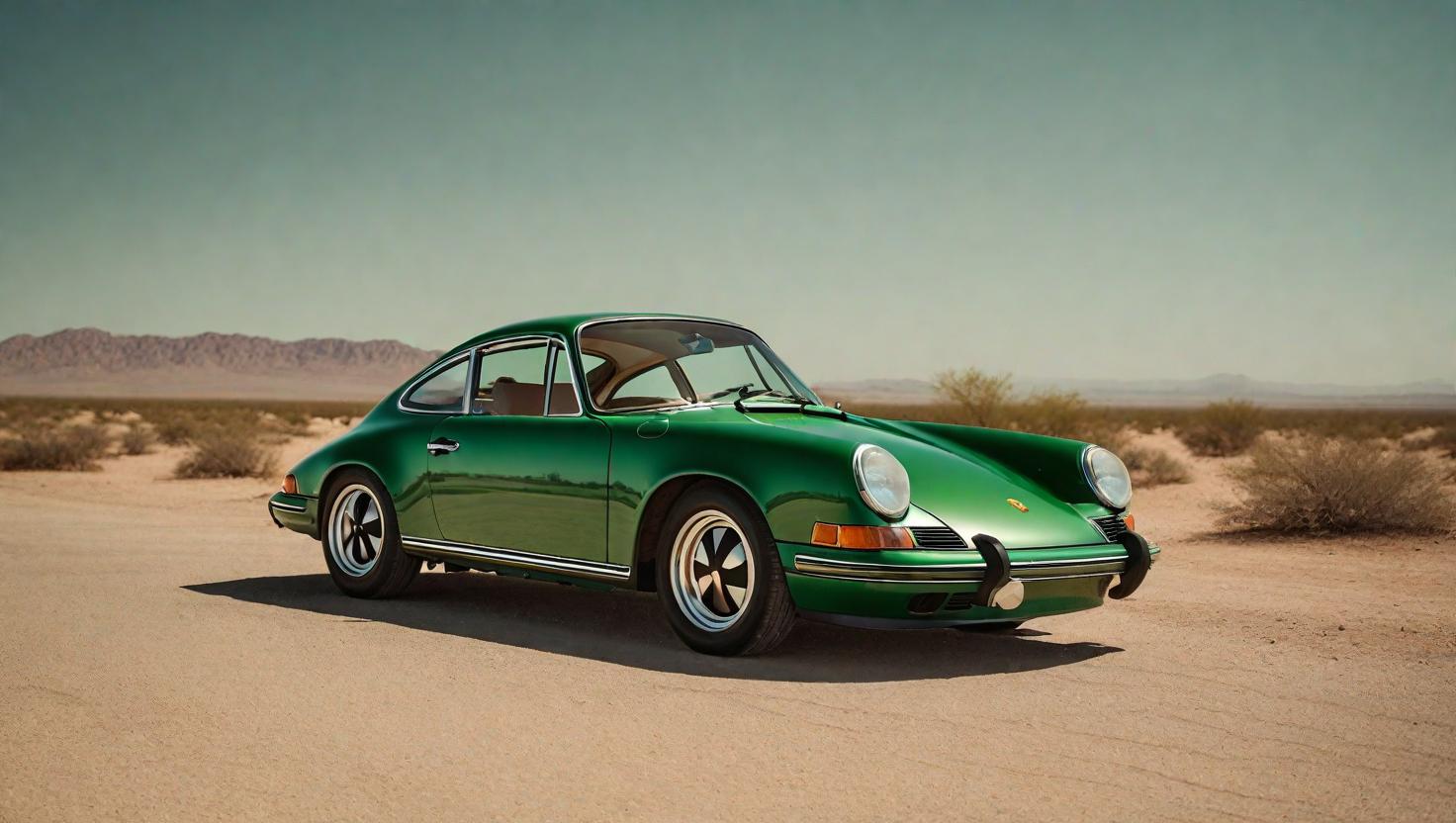 Classic green Porsche 911 parked in the desert.